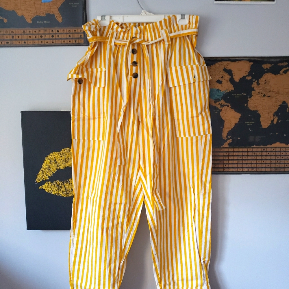 Vertical striped paper bag pants